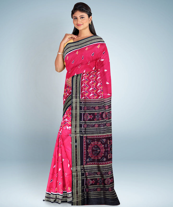 Ruby pink black silk handwoven khandua saree