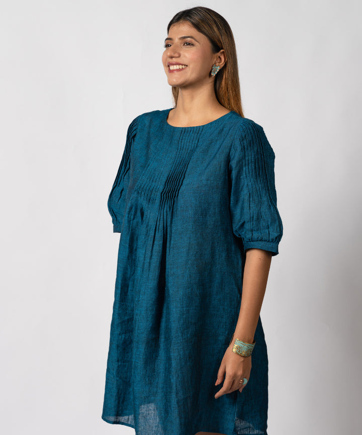Teal blue handwoven linen dress
