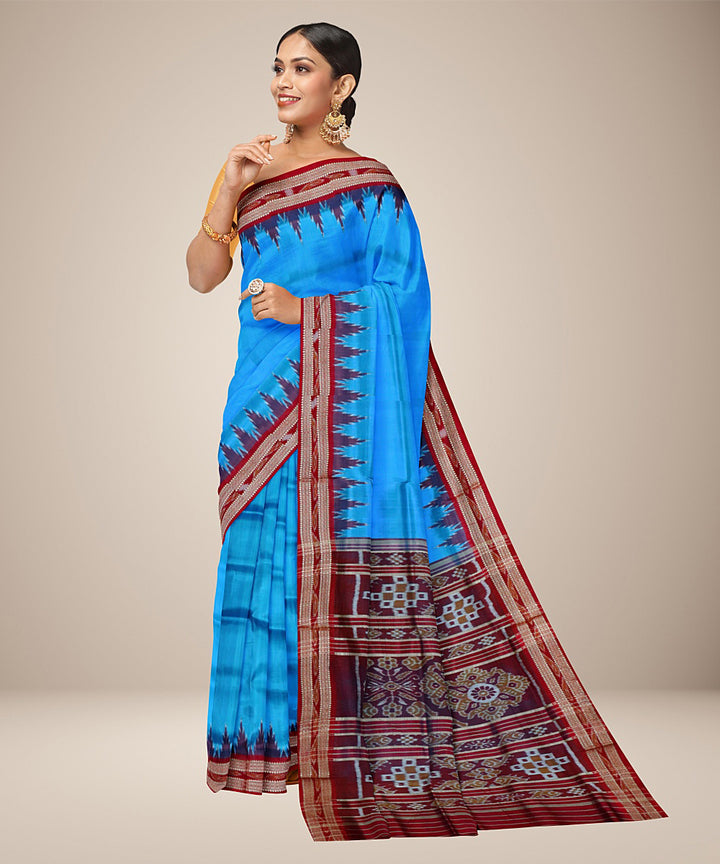 Sky blue maroon silk handwoven khandua saree