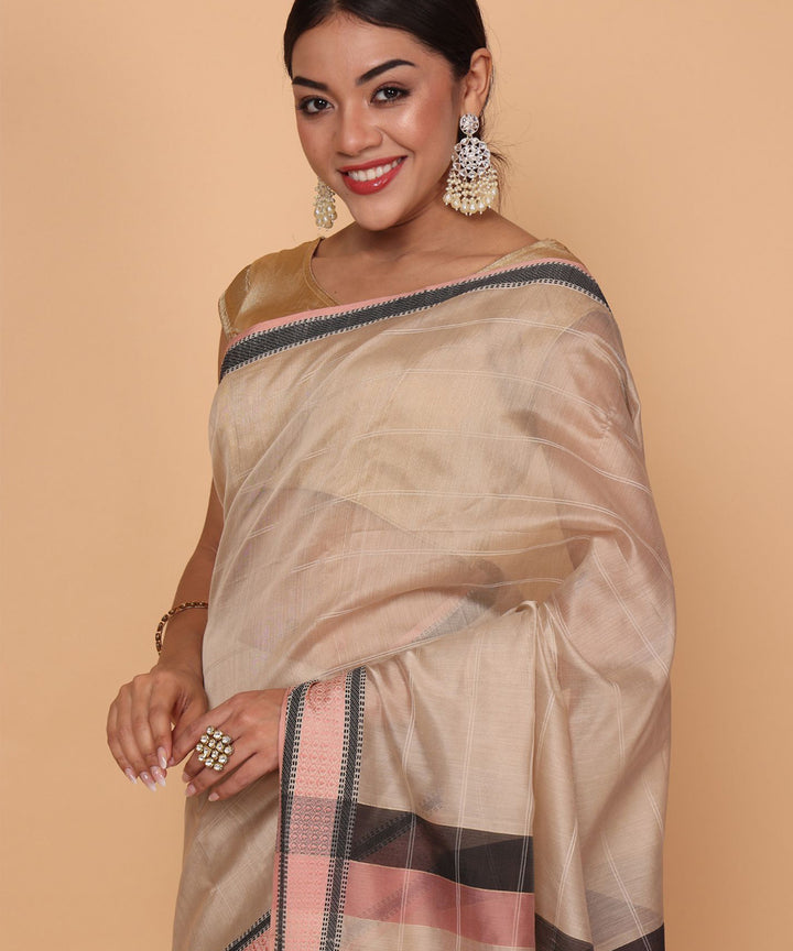 Pinkish grey striped cotton silk handloom maheshwari saree