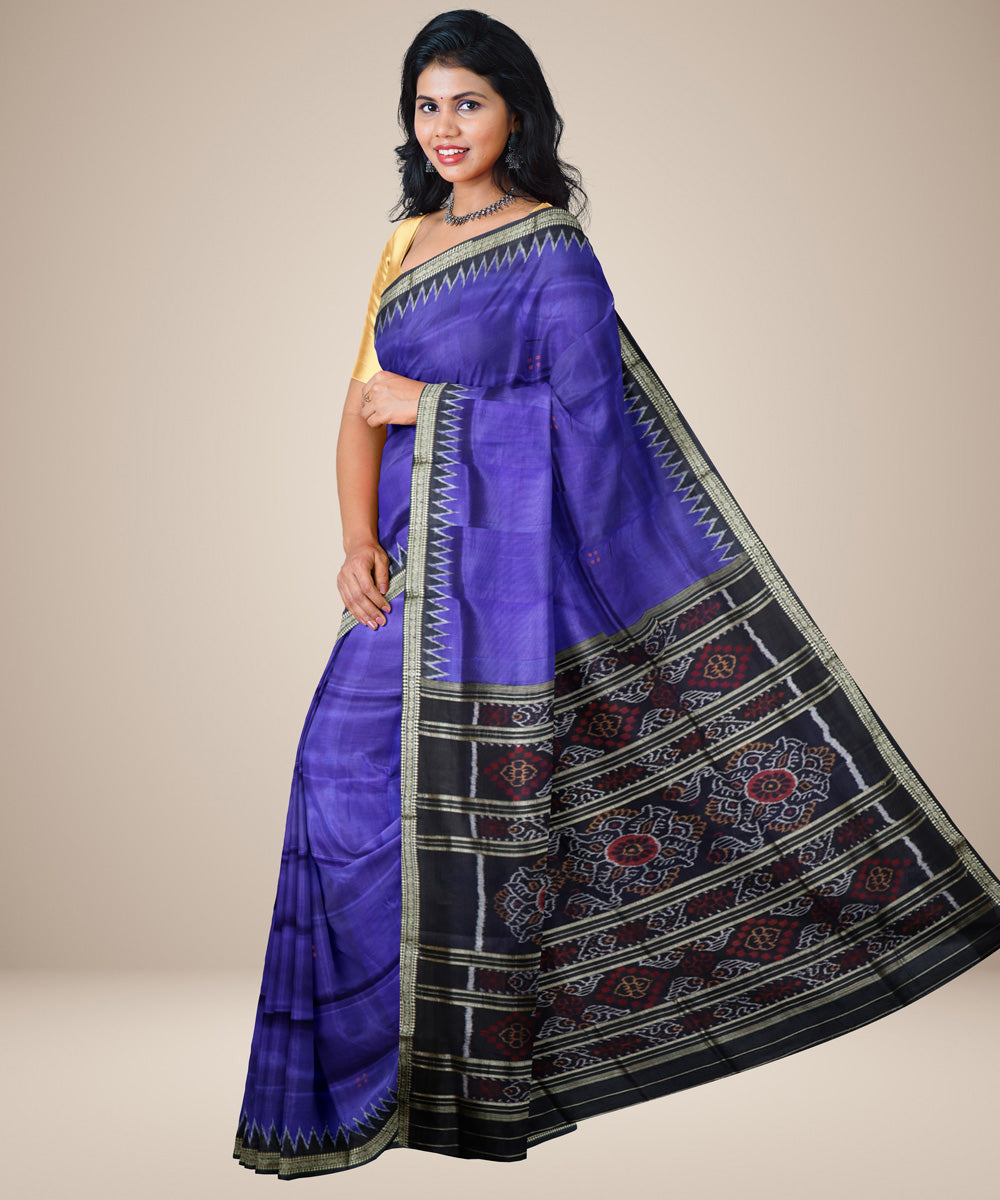 Navy blue black silk handwoven khandua saree