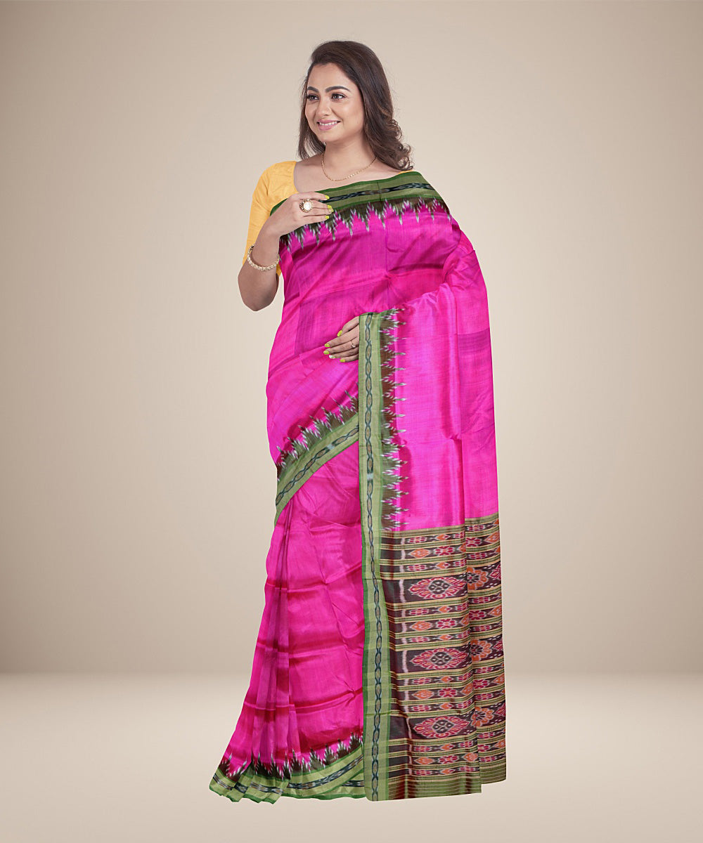 Pink olive green silk handwoven khandua saree