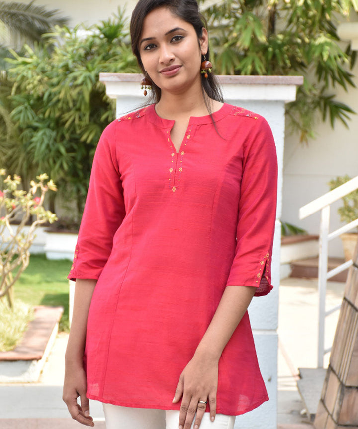 Brick red silk hand embroidery tunic