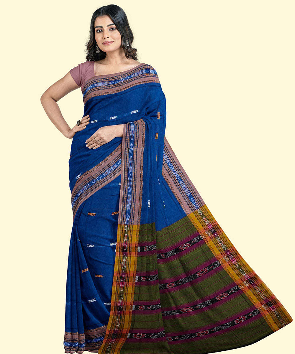 Midnight blue olive reeen cotton handwoven nuapatna saree