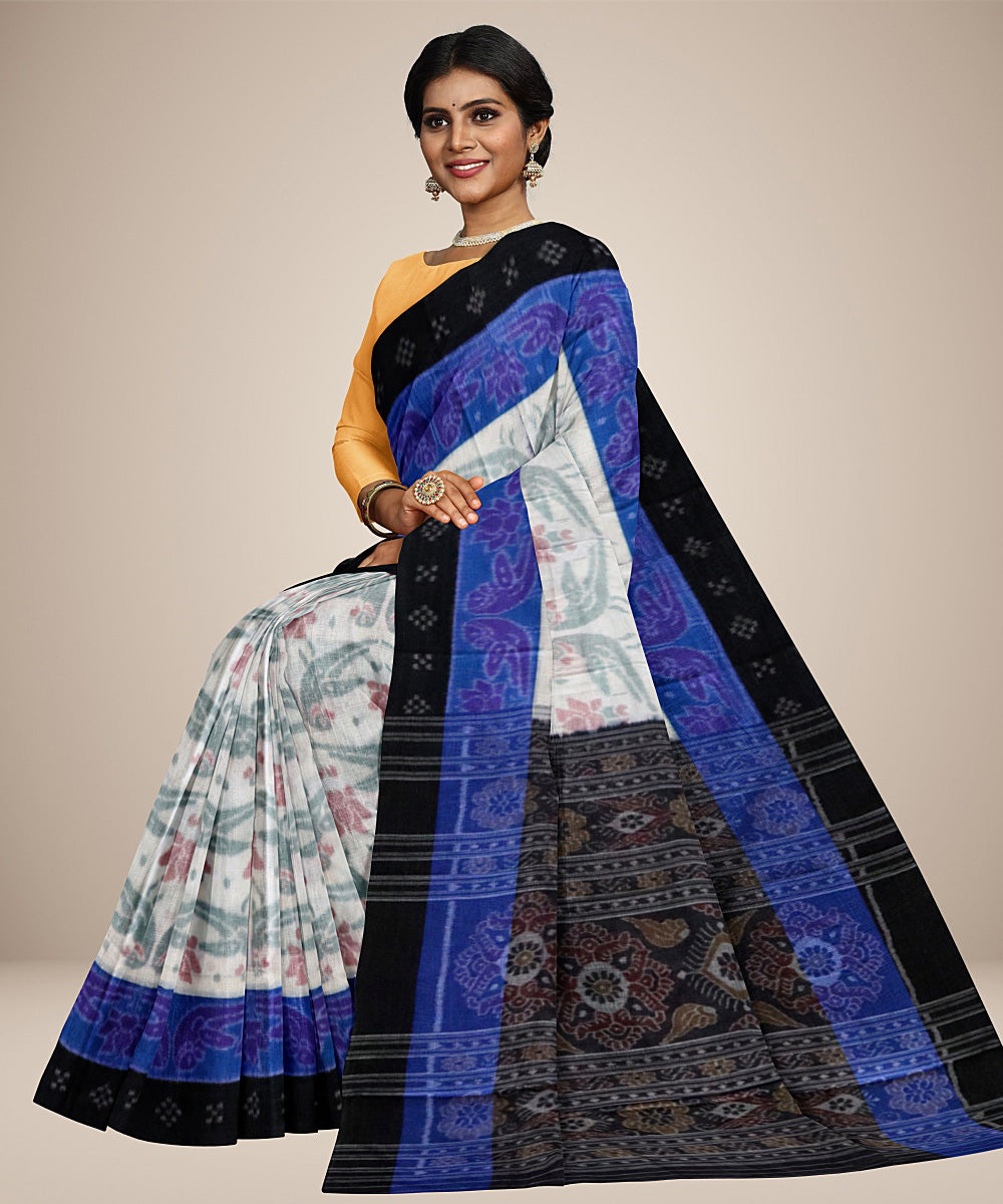 White black flower design cotton handwoven nuapatna saree