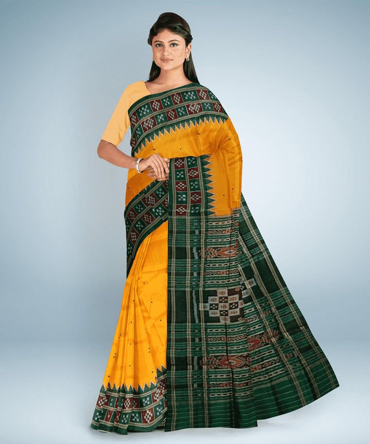 Golden rod green silk handwoven khandua saree