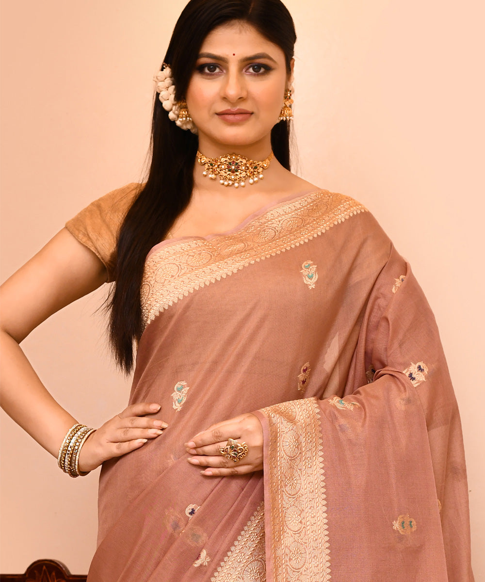 Light brown handwoven silk banarasi saree
