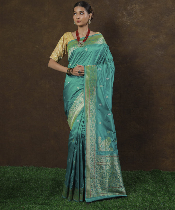 Cyan blue handwoven banarasi silk saree