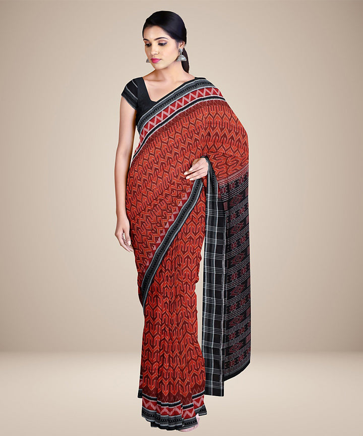 Cadmium orange black cotton handwoven sambalpuri saree