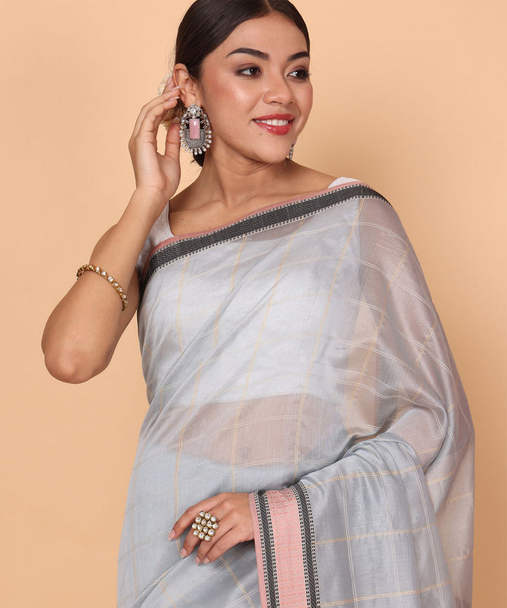 Grey cotton silk maheshwari handloom saree