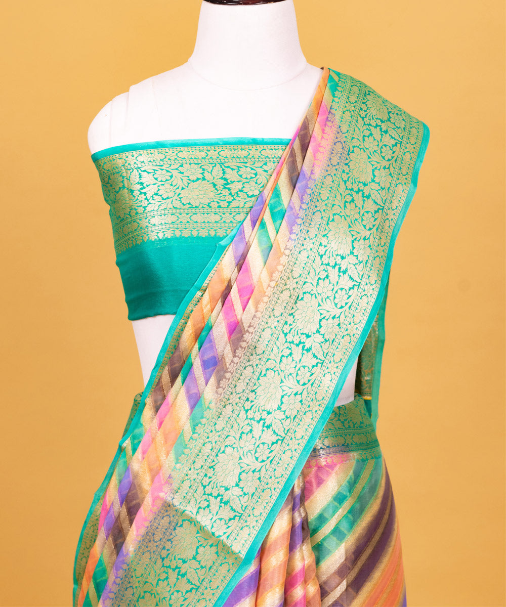 Light green diagonal stripe silk handwoven banarasi saree