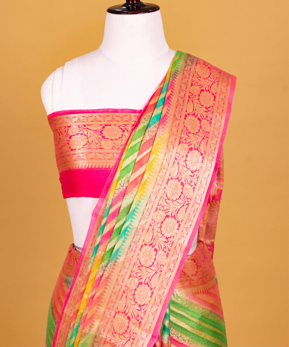 Pink diagonal stripe silk handwoven banarasi saree