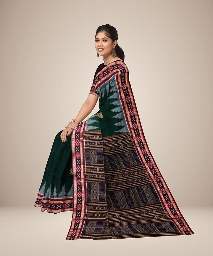 Dark green dark red cotton handwoven bomkai saree