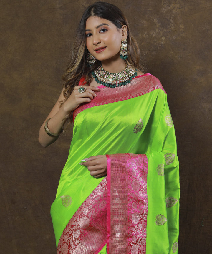 Light green pink border silk handwoven banarasi saree