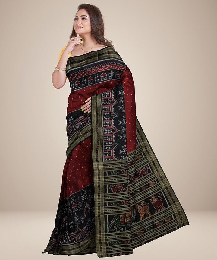 Maroon red black silk handwoven khandua saree