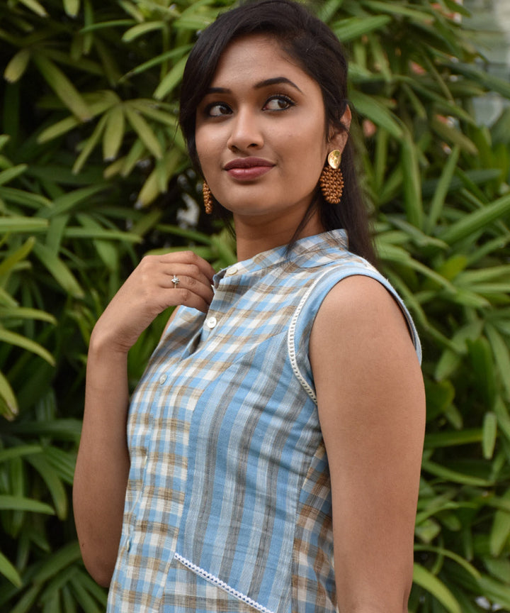 Blue checks and stripes sleeveless cotton dress