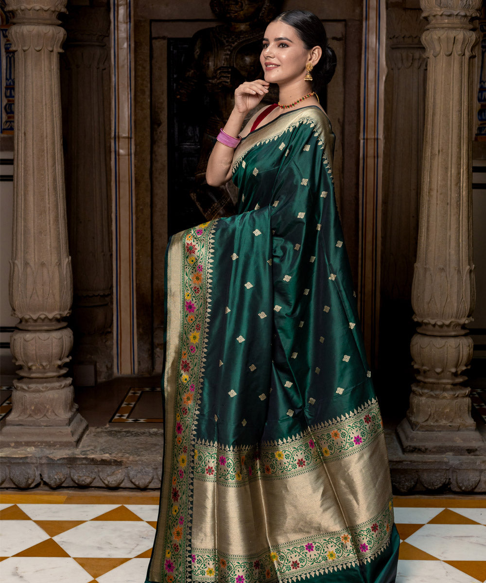 Dark green traditional handwoven banarasi silk saree