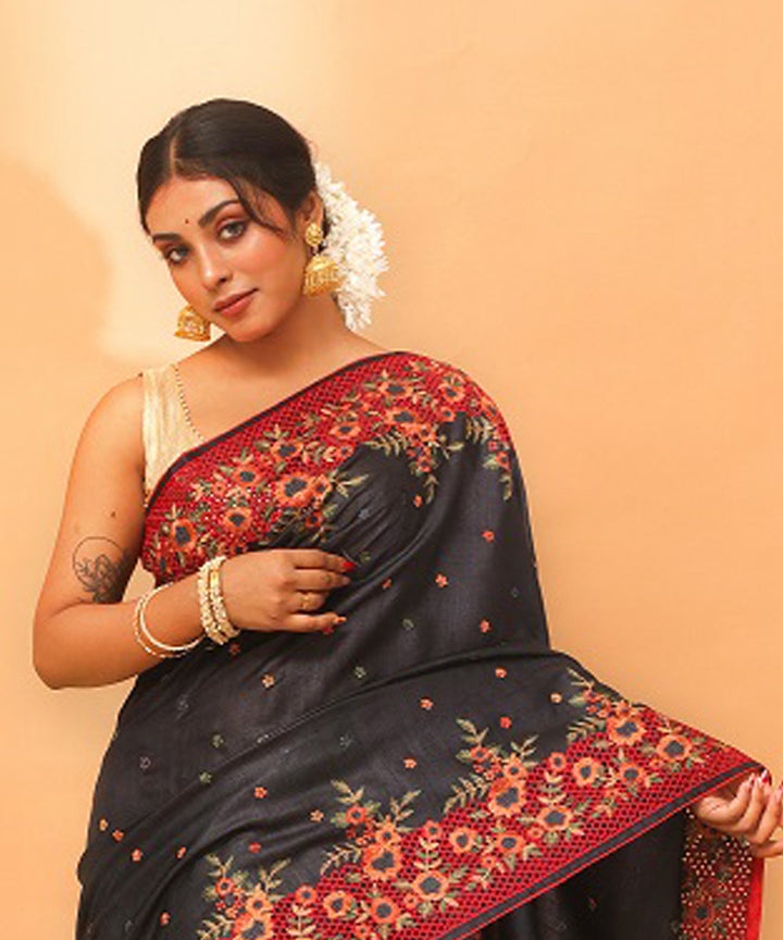 Black red chhattisgarh handloom tussar silk saree