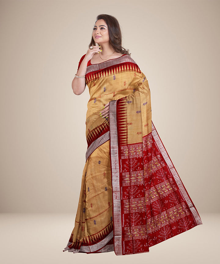 Deep peach red silk handwoven bomkai saree
