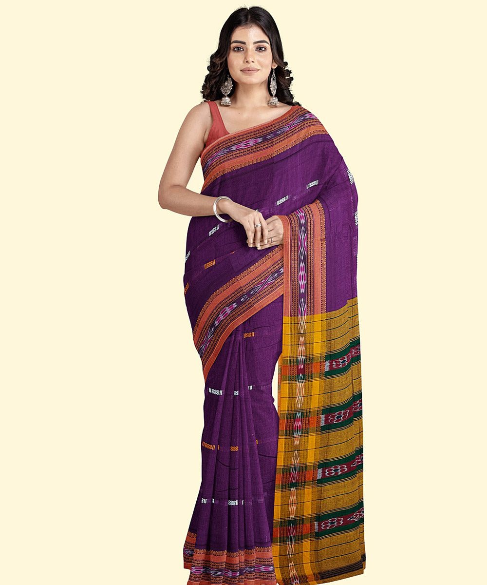 Purple yellow cotton handwoven nuapatna saree