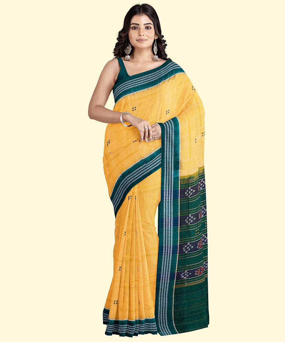 Yellow green cotton handwoven nuapatna saree