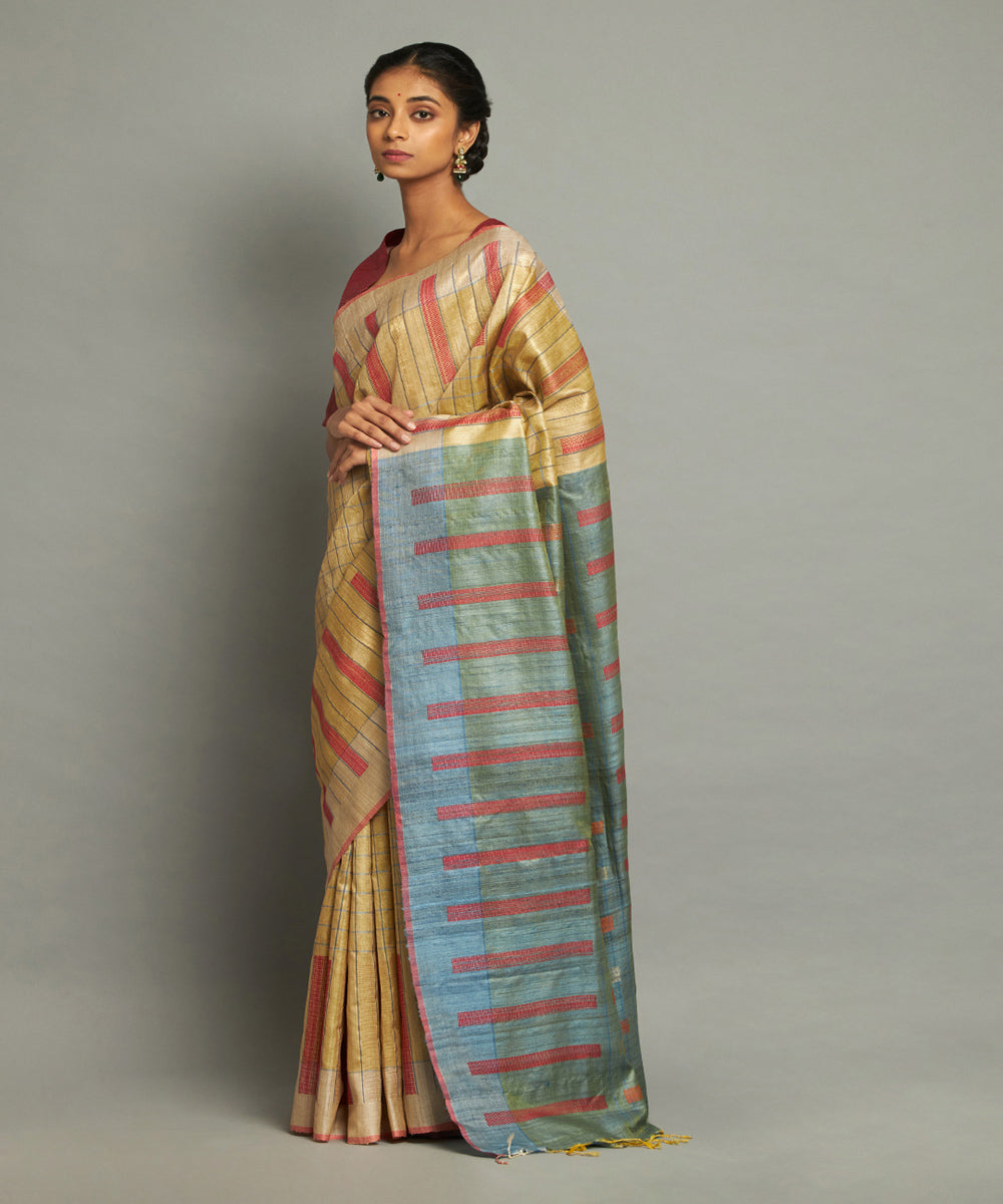 Pastel yellow tussar silk hand woven chhattisgarh kosa saree