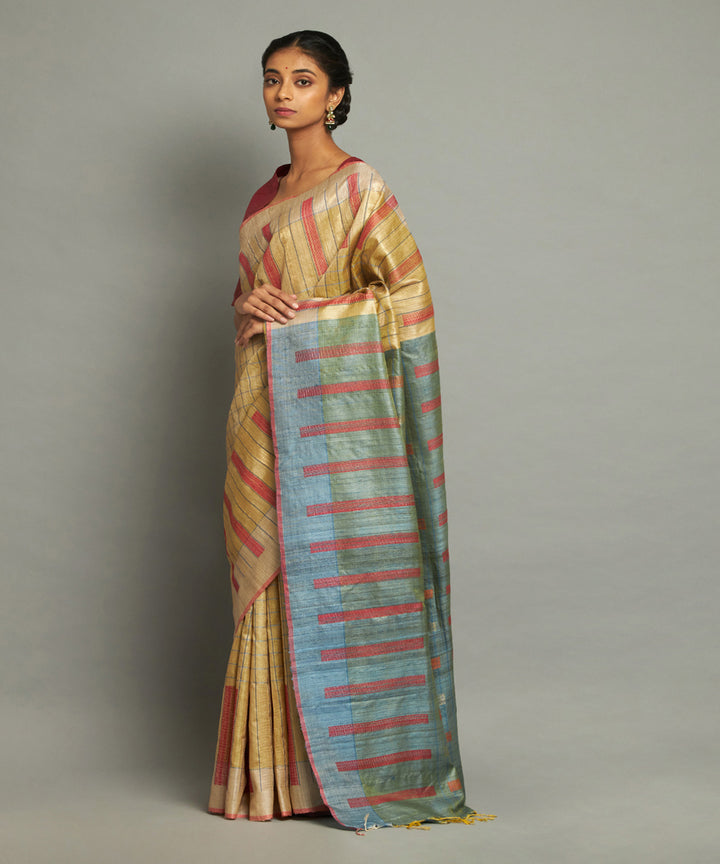 Pastel yellow tussar silk hand woven chhattisgarh kosa saree
