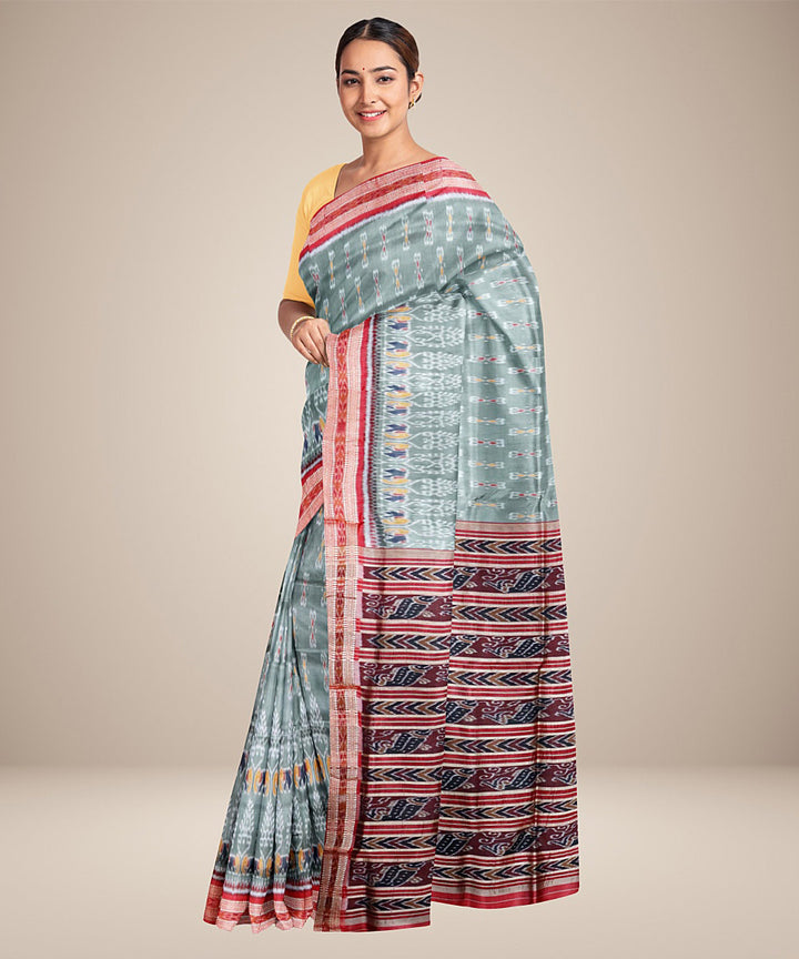 Grey red silk handwoven khandua saree