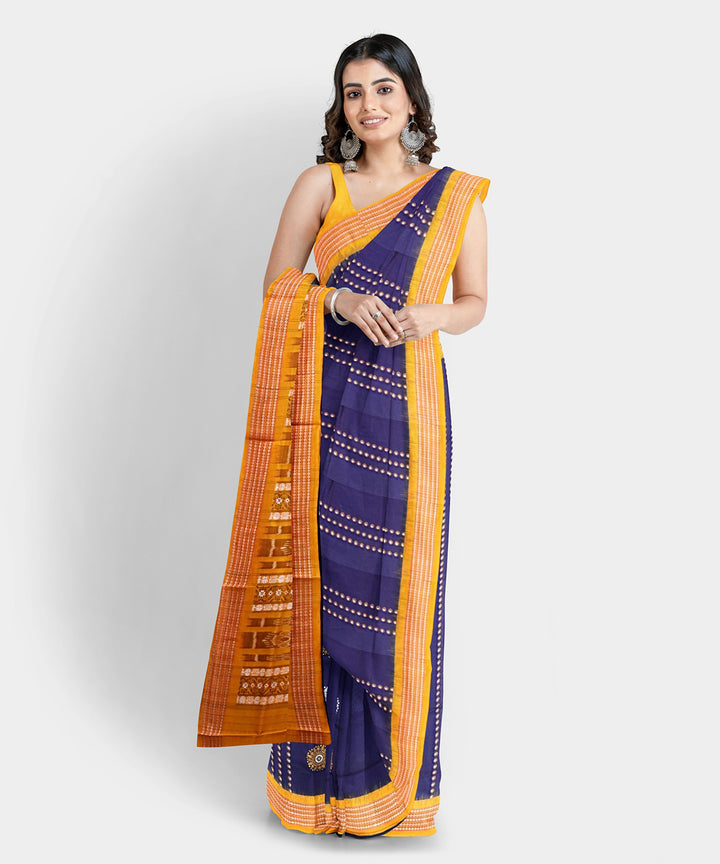 Navy blue yellow cotton handwoven bomkai saree