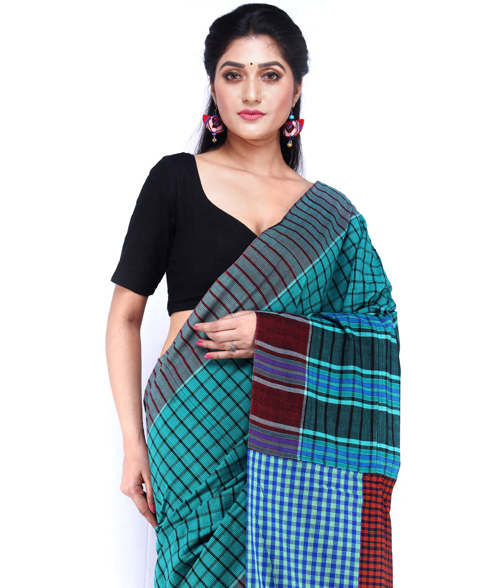 Cyan green maroon cotton handloom gamcha saree