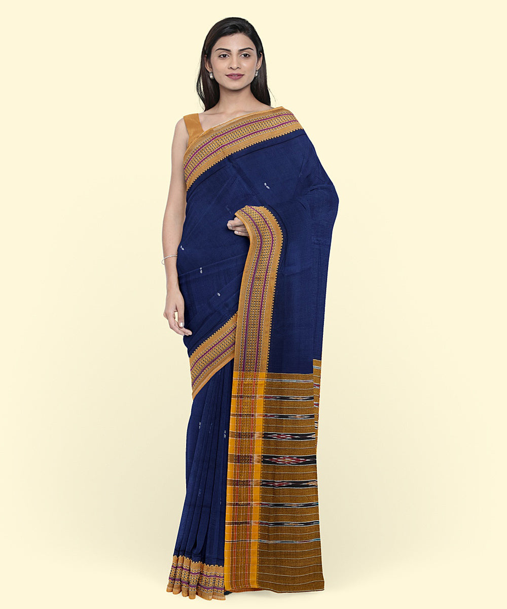 Navy blue yellow cotton handwoven nuapatna saree