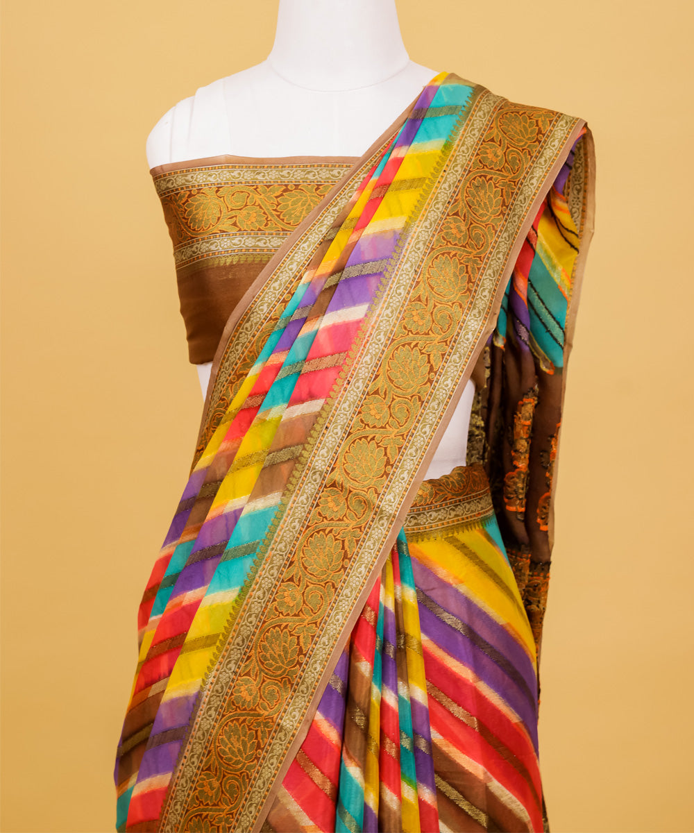 Multicolor diagonal stripe banarasi handwoven silk saree