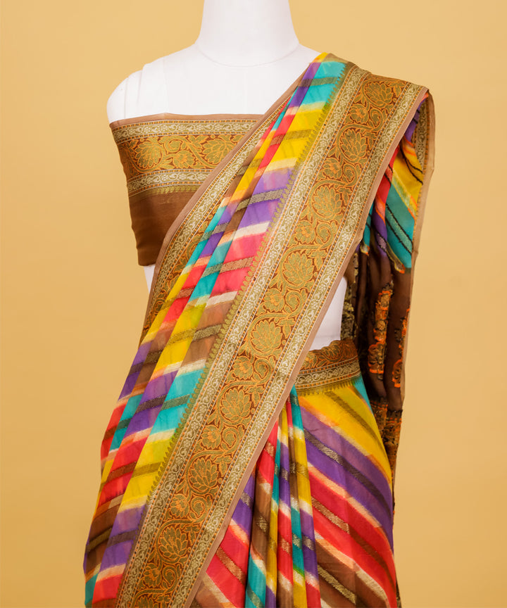 Multicolor diagonal stripe banarasi handwoven silk saree