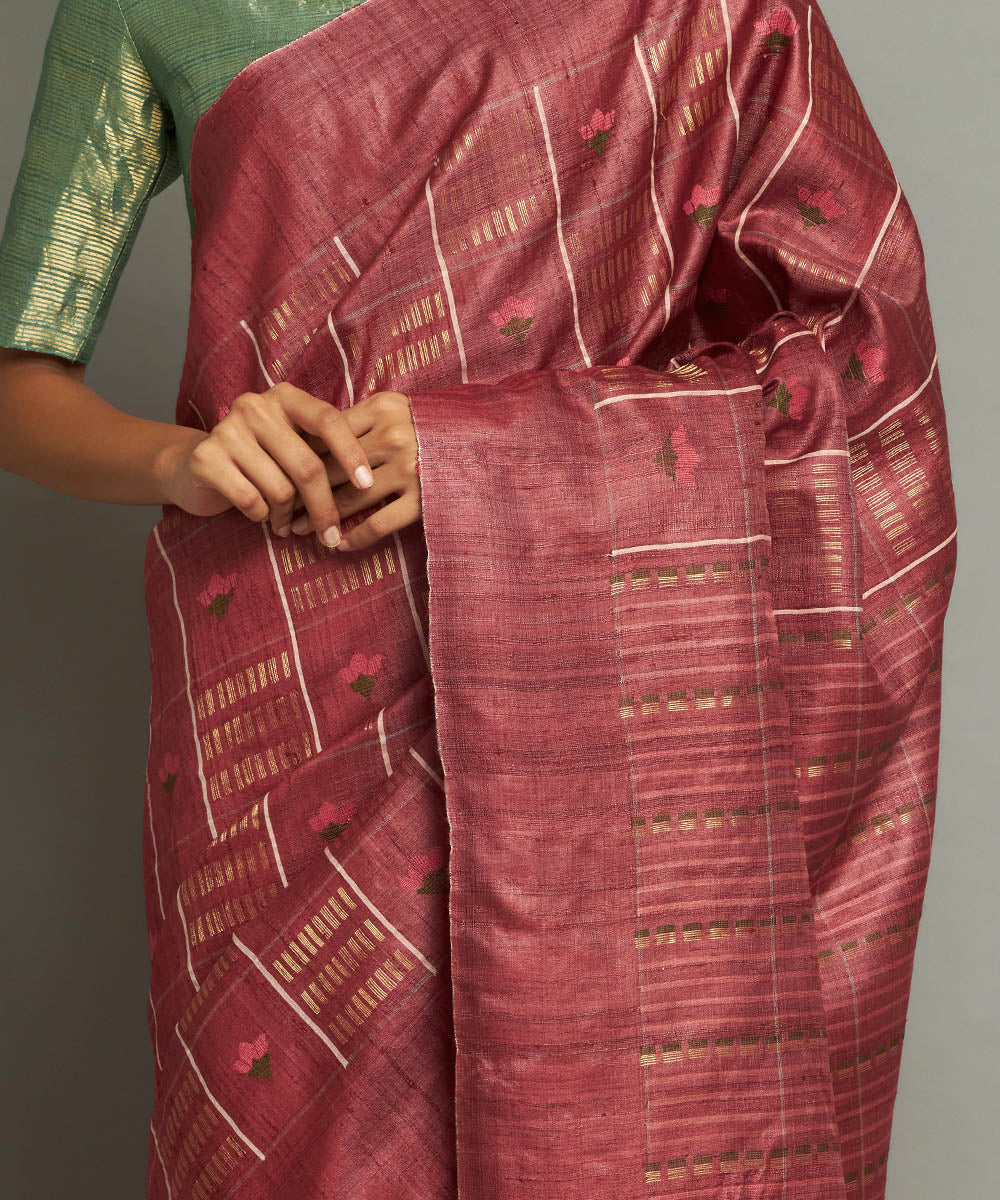 Maroon handwoven kosa silk saree with striped design