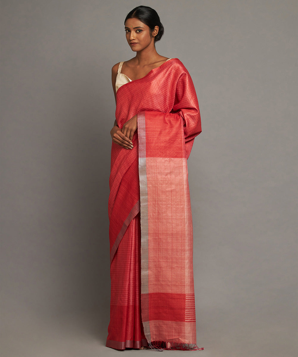Red pink striped handwoven kosa silk saree