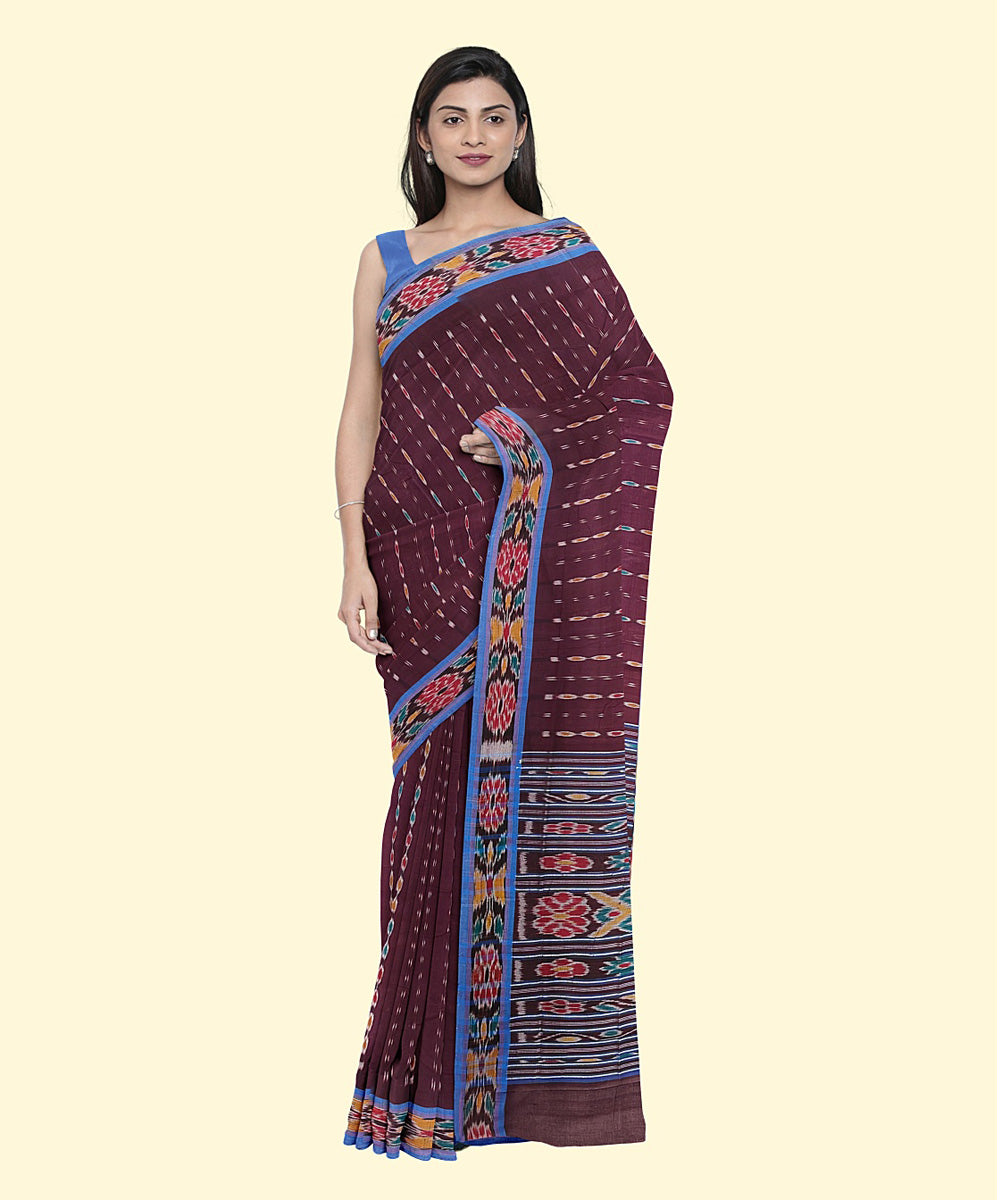 Burgundy powder blue cotton handwoven nuapatna saree