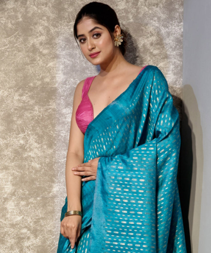 Cyan blue handwoven tussar silk chhatisgarh saree