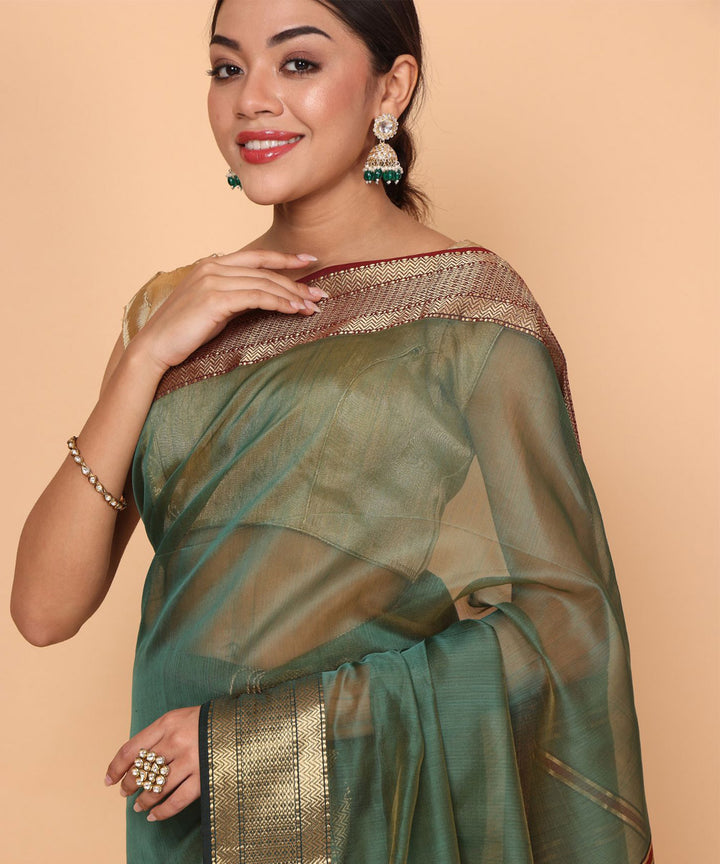 Dark green cotton silk handloom maheshwari saree