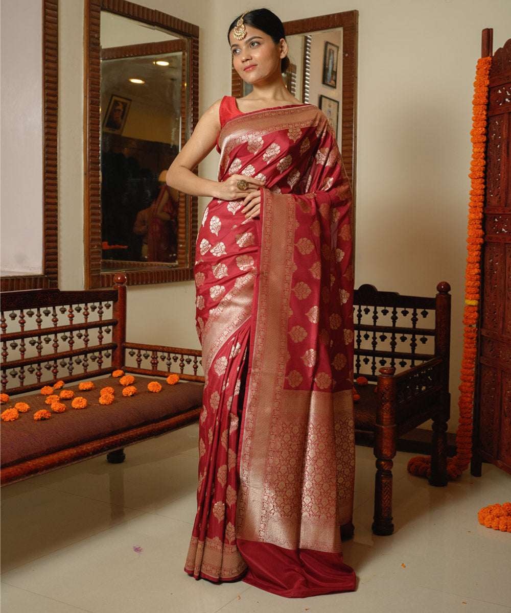 Maroon handwoven silk banarasi saree