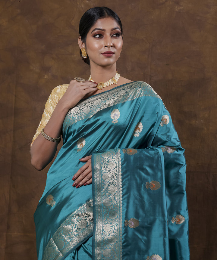 Cyan blue handwoven banarasi silk saree