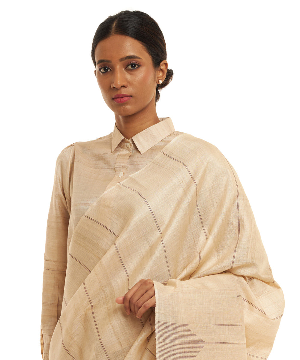 Handwoven beige kosa silk saree with stripes brown temple border