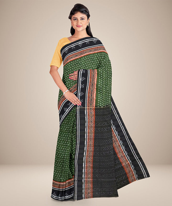 Olive green black cotton handwoven nuapatna saree