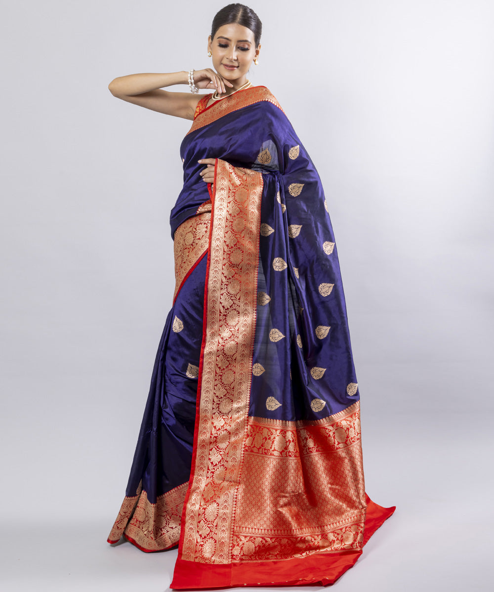 Navy blue red border silk handwoven banarasi saree