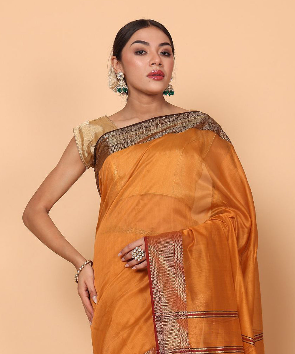 Orange cotton silk handloom maheshwari saree