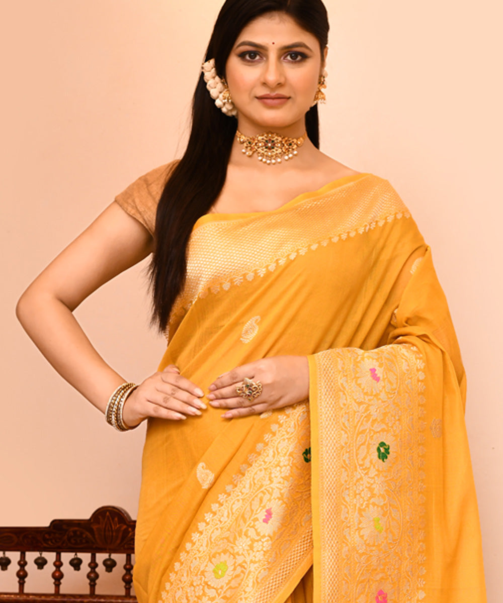 Mustard multi color buti silk handwoven banarasi saree