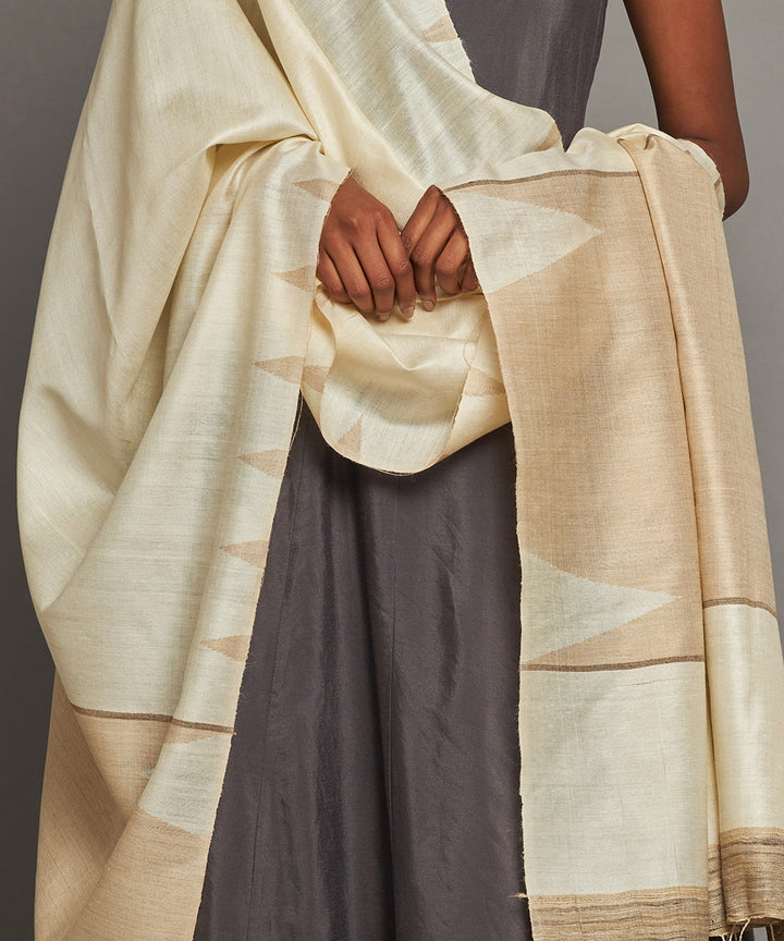 White beige handwoven kosa silk dupatta