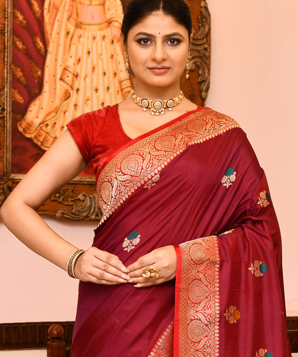 Maroon silk handwoven banarasi saree