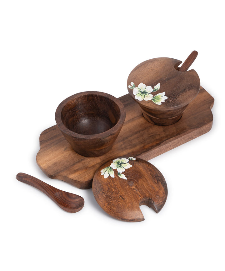 Hand-painted mango wood multipurpose jar set with tray spoons