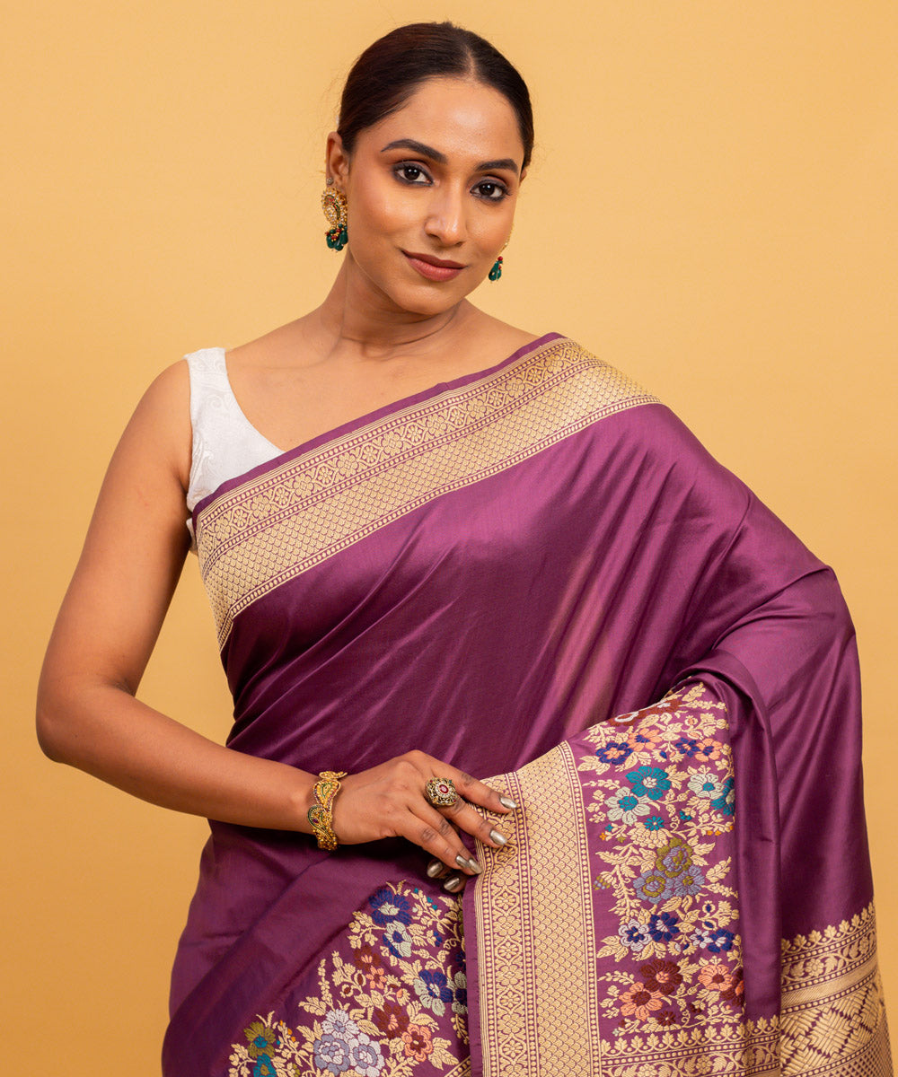 Magenta plain silk handwoven banarasi saree