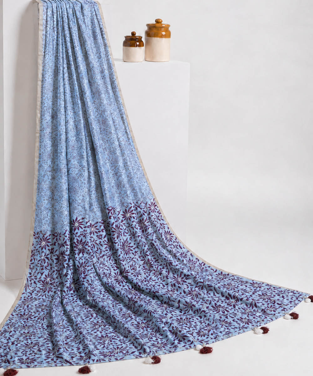 Cyan blue pink hand embroidered chanderi silk saree